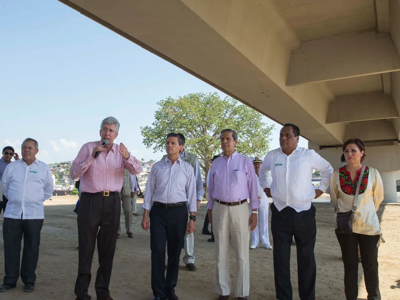 Under this bridge this people are standing. This man is holding a mic. Background there are...