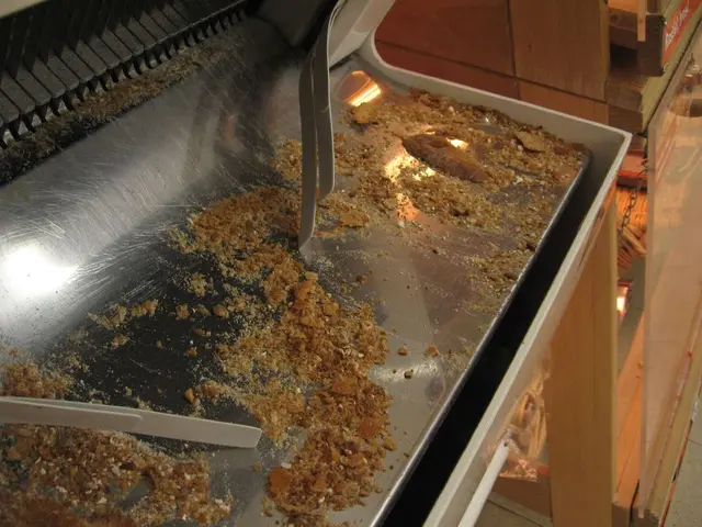 In this image we can see some food on the machine, also we can see a cupboard with some objects.