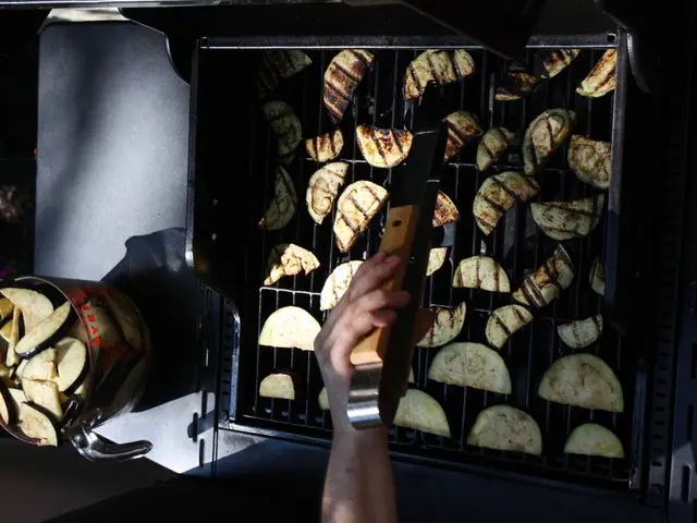 In this image there is a grill on which there are tacos. At the bottom there is a person who is...