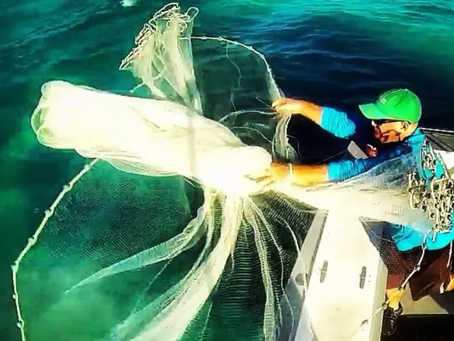 As we can see in the image there is a boat, a man standing over here, net and water.