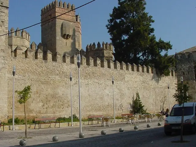 In the picture i can see a fort, there are some plants, trees, poles, some persons sitting on...