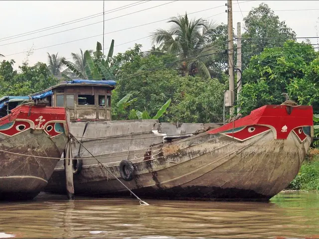 In the image there are two boat houses on the water surface, behind the boats there are a lot of...