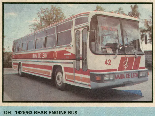 It's an image, in this it is a bus which is in red color, behind this there are trees.