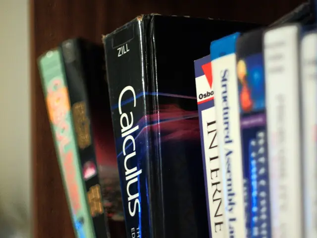 In this image we can see books in a bookshelf.