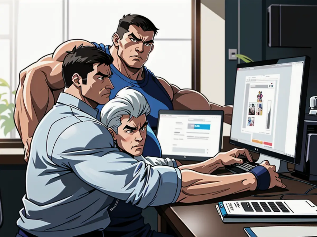Two individuals engaged in an office setting collaboratively utilizing a digital gadget. Two individuals engaged in an office setting, interfaced with a personal digital workstation.
