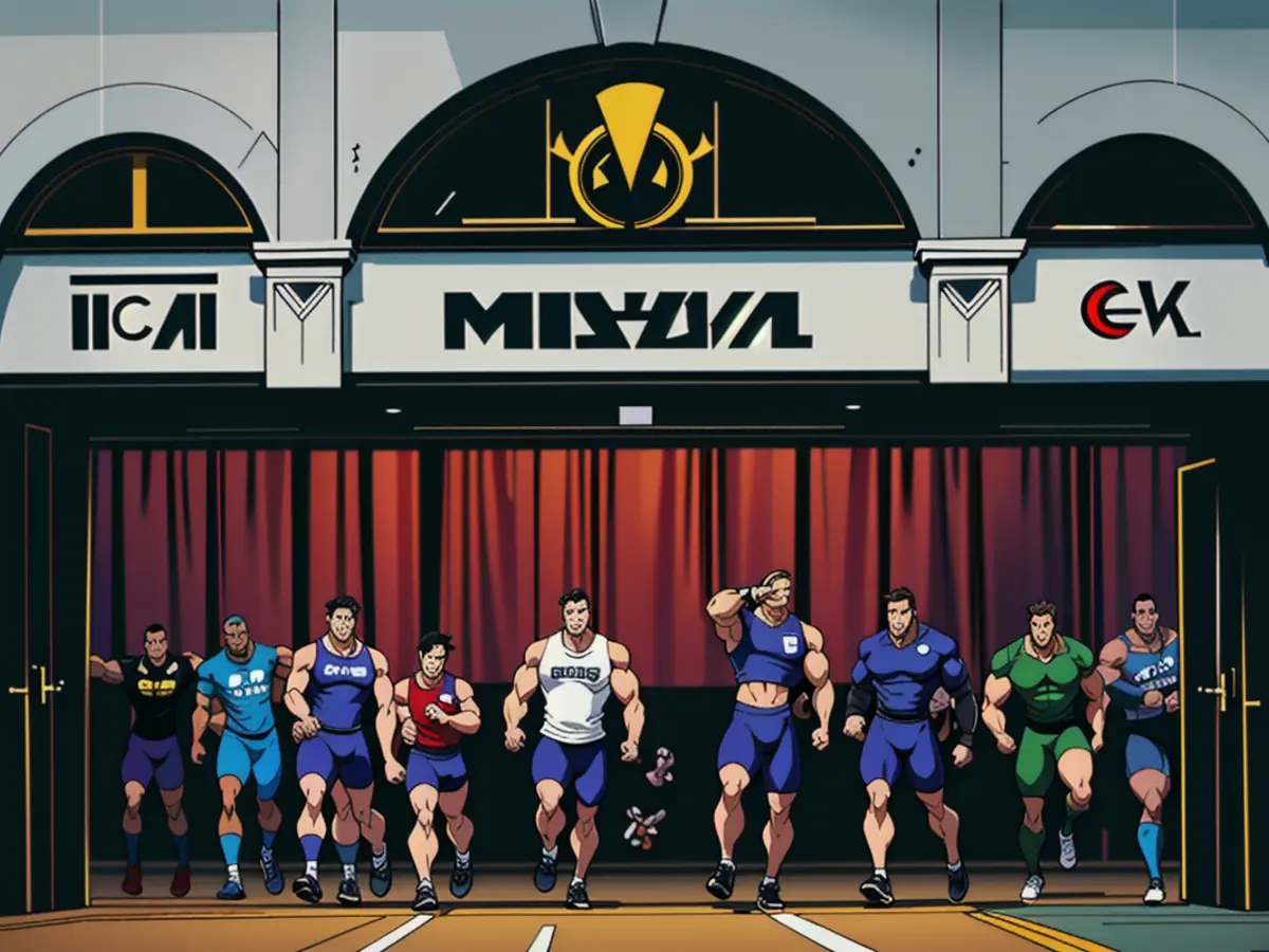 Individuals traverse an indoor track's entrance in the Squid Game S2 sequence.