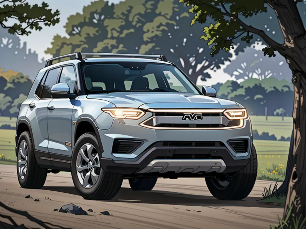 In a rustic setting, an unpainted, preliminary Rivian R2 model, a mid-size electric SUV slated for...